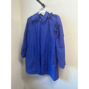 LL Bean Blue Hooded Long length button up lined Rain Coat Jacket pockets Size M